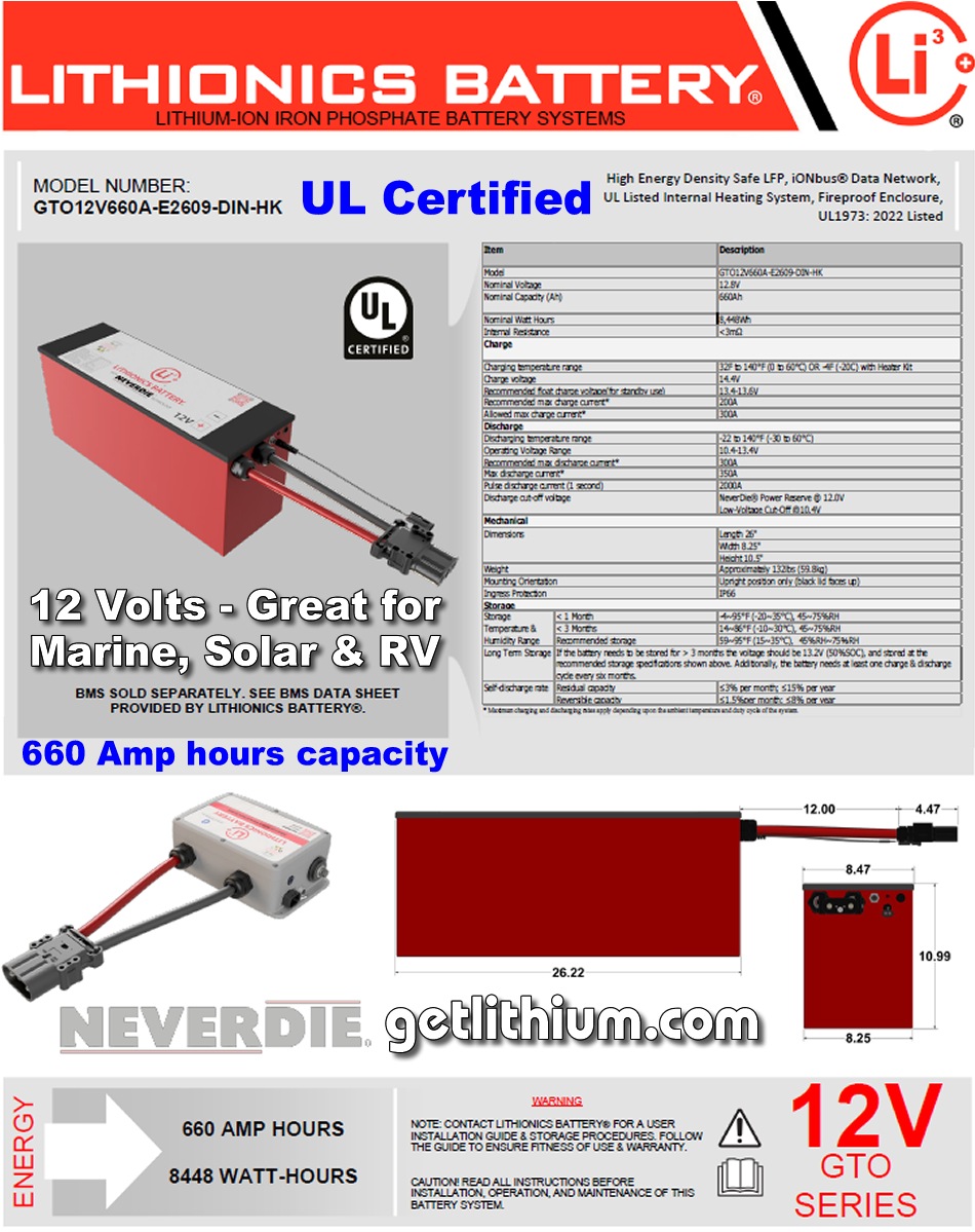 Lithionics Battery Lithium-ion High Performance 12 Volt Battery with 660 Amp hours capacity