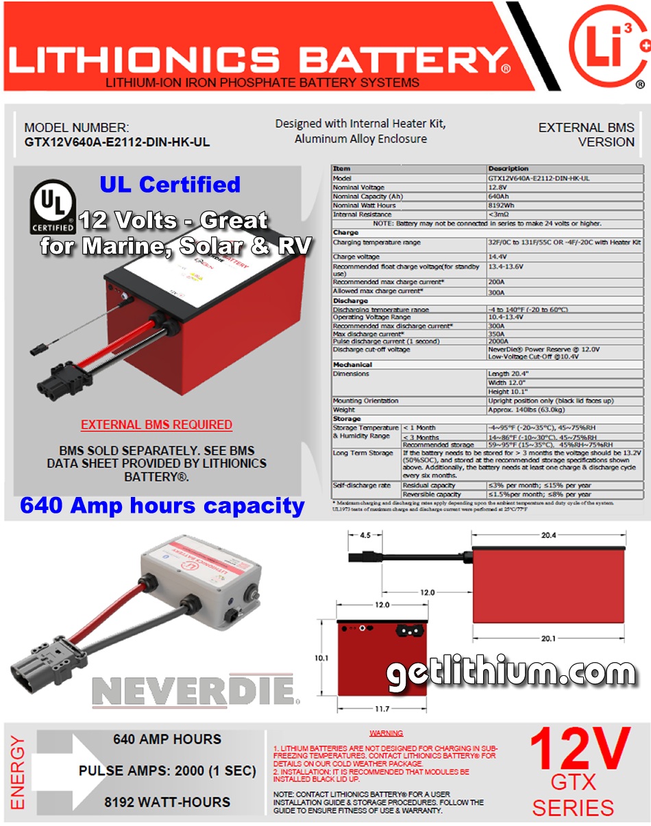 Lithionics Battery Lithium-ion High Performance 12 Volt Battery with 640 Amp hours capacity