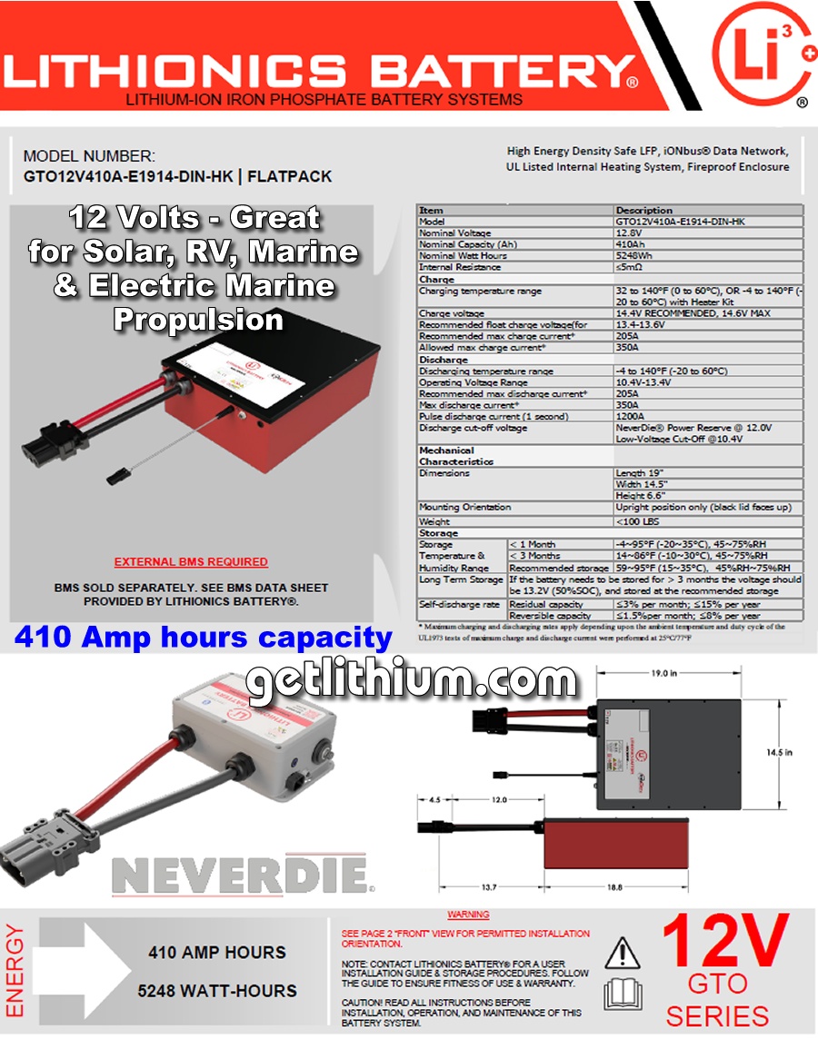 Lithionics Battery Lithium-ion High Performance 12 Volt Battery with 410 Amp hours capacity