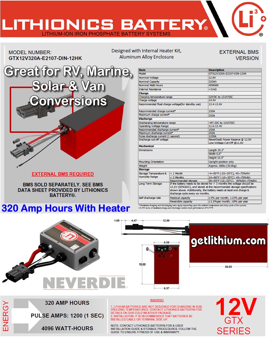 Lithionics GTX 320 Amp hour high capacity deep cycle and engine starting lithium-ion battery: light weight, super safe, powerful and compact lithium ion battery