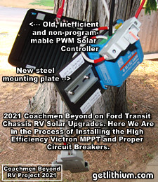 2021 Coachmen Beyond on a Ford Transit Chassis RV Lithionics Battery lithium-ion battery installation project photo - shown here is another view of the small new Victron Energy Smart Solar MPPT solar charge controller model 75/15 together with the proper solar circuit breakers together with a special new steel backing/ mounting plate all fitted prior to installation.