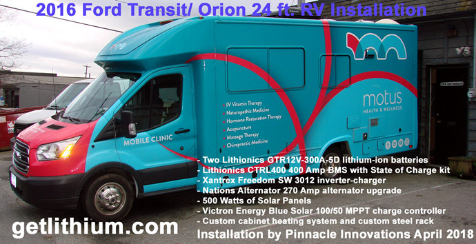 Lithionics lithium-ion 12 Volt 600 Amp hour RV/ Commercial truck battery system installation on a 2016 Ford Transit Orion RV
